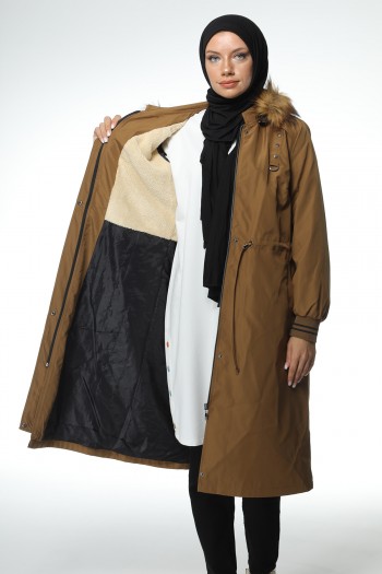 KAHVE KADIN KAPÜŞONLU BONDİT KUMAŞ TRENCHCOAT