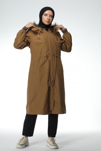 KAHVE KADIN KAPÜŞONLU BONDİT KUMAŞ TRENCHCOAT